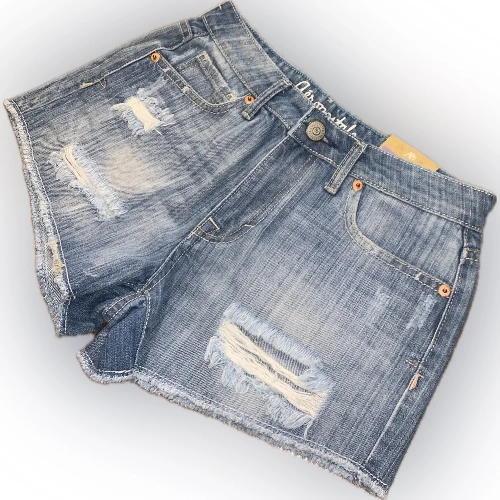 Aeropostale High Rise Shorty Blue Jean Denim Shorts Distressed Cut-Off NWT 0